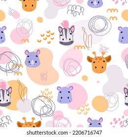 Safari animals. Childish seamless pattern for fabric, paper, wrapping, clothing, textile, wallpaper. Vector illustration