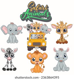 Conjunto de clípartes de animales de safari, ilustración vectorial. Feliz bebé león, cebra, jirafa, rinoceronte elefante. Ilustración perfecta para el diseño impreso de ropa de camiseta, tarjeta de saludo, ducha de bebé, invitación de fiesta