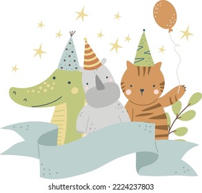 Safari animals, crocodile, tiger, rhino, festive composition, vector illustration for design, print