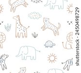 Safari animals cute illustration in doodl style. Outline hand drawn print. African leopard, giraffe, elephant, lion, zebra and wild animals - character. Seamless pattern