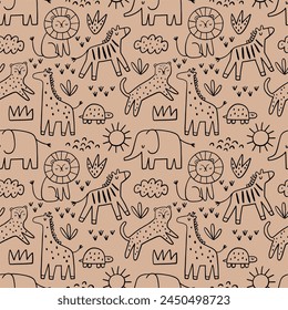 Safari Tiere süße Illustration im doodl Stil. Umriss handgezeichneter Druck. Afrikanischer Leopard, Giraffe, Elefant, Löwe, Zebra und wilde Tiere - Charakter. Nahtloses Muster