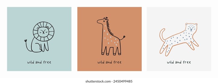 Safari Tiere süße Illustration im doodl Stil. Umriss handgezeichneter Druck. Afrikanischer Leopard, Giraffe, Elefant, Löwe, Zebra und wilde Tiere - Charakter.