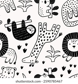 Safari animals cute illustration in doodl style. Outline hand drawn print. African crocodile, leopard, giraffe, elephant, lion, and wild animals character. Seamless pattern
