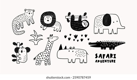 Safari animals cute illustration in doodl style. Outline hand drawn print. African leopard, giraffe, elephant, lion, , koala, crocodile, sloth and wild animals character. 