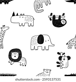 Safari animals cute illustration in doodl style. Outline hand drawn print. African crocodile, leopard, giraffe, elephant, lion, and wild animals character. Seamless pattern