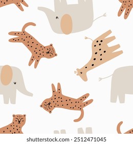 Safari animals cute illustration in doodle style. Outline hand drawn print. African leopard, giraffe, elephant. Wild animals seamless pattern