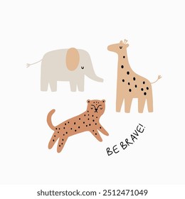 Animales de safari ilustración linda en estilo doodle. Esquema de impresión dibujada a mano. Leopardo africano, jirafa, elefante. Animales salvajes 