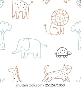 Safari animais ilustração bonito no estilo doodle. Contornar impressão desenhada à mão. Leopardo africano, girafa, elefante. Animais selvagens sem costura padrão