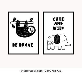 Safari animals cute poster in doodl style. Outline hand drawn print. African wild animals character. 