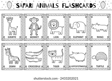 Safari animals flashcards black and white collection for kids. Flash cards set with cute jungle characters in outline for coloring. Giraffe, monkey, lion and more. Vector illustration