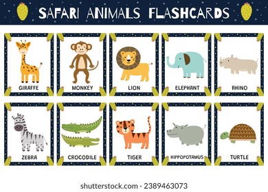 Safari animals flashcards collection for kids. Flash cards set with cute jungle characters for practicing reading skills. Giraffe, monkey, lion and more. Vector illustration