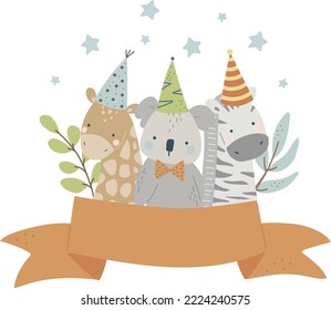 Safari animals, giraffe, koala, zebra, festive composition, vector illustration for design, print,