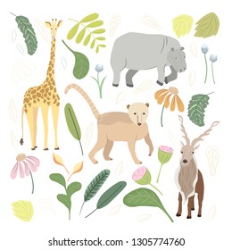 Safari animals hand drawn flat color illustrations set. Safari sketch. Animals and tropical flowers collection. Vector.