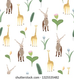 Safari animals hand drawn flat color pattern.  Animal and tropical flower seamless pattern. Vector.