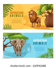 Safari animals horizontal banners with elephant and lion symbols on african trees background cartoon vector illustration 