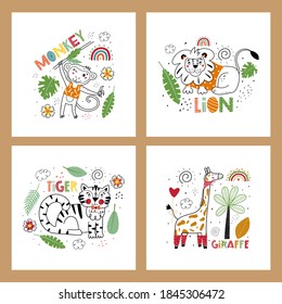 Safari animals illustration. Animals Africa, flora and fauna elements.  Modern baby print, poster, banner, sticker. Kids animal characters. 