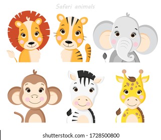 Safari animals. Jungle set. Vector illustration. Cute animals.Lion, zebra, tiger, elephant, giraffe, monkey.