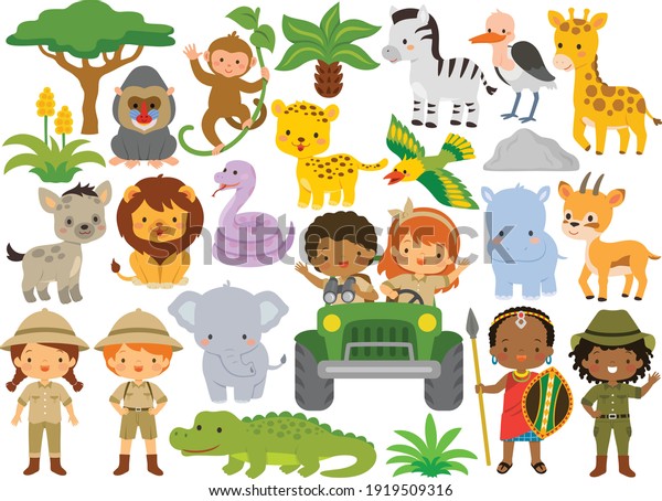 Safari animals and kids. Clipart set\
with wild animals and people in the African savanna.\
