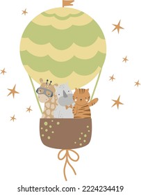 Safari animals on a hot air balloon, giraffe, rhinoceros, tiger, vector illustration for design, print