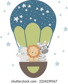 Safari animals on a hot air balloon, elephant, lion, zebra, vector illustration for design, print