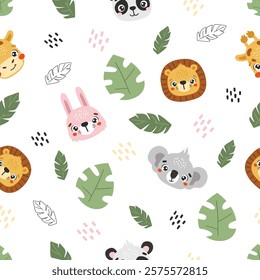 Safari animals pattern, cute safari animals, kids pattern, jungle vector, cartoon, seamless pattern