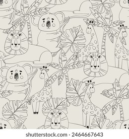 Safari animals pattern, summer kids print. Cute vector african animals. Giraffe, lion, koala.