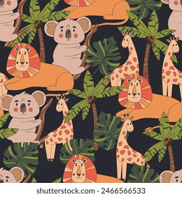 Safari animals pattern, summer kids print. Cute vector african animals. Giraffe, lion, koala.