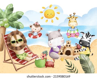 Safari animals playing and swimming in summer beach 