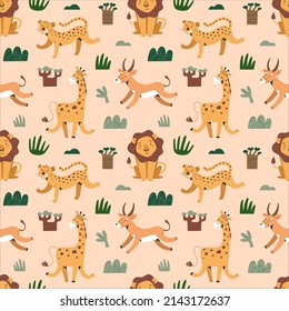 Safari animals print, cute exotic felines, lion and jaguar, funny giraffe, african mammals smiling and jumping, hand drawn stylized illustrations, seamless vector background, modern childish print