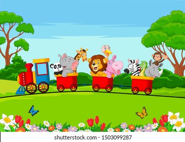 Safari animals riding on the train in the park