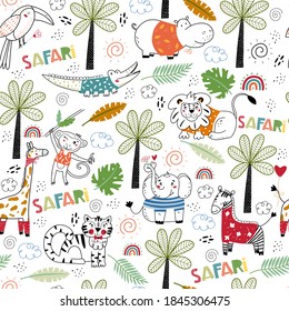 Safari Animals. Seamless Pattern. Animals Africa, Flora And Fauna Elements. Fairy Tale Kid Textile, Wrapping Paper, Background. Vector Cartoon Illustration.