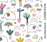 Safari animals seamless pattern with cute elephants, snail and tropical plants. Vector texture in childish style great for fabric and textile, wallpapers, backgrounds. Pastel colors.