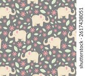 Safari animals seamless pattern with cute elephants, snail and tropical plants. Vector texture in childish style great for fabric and textile, wallpapers, backgrounds. Pastel colors.