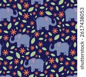 Safari animals seamless pattern with cute elephants, snail and tropical plants. Vector texture in childish style great for fabric and textile, wallpapers, backgrounds. Pastel colors.