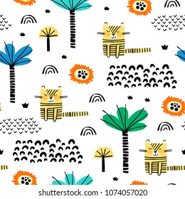 Safari animals seamless pattern with cute tigers and tropical plants. Vector texture in childish style great for fabric and textile, wallpapers, backgrounds, cards design