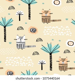 Safari animals seamless pattern with cute tigers and tropical plants. Vector texture in childish style great for fabric and textile, wallpapers, backgrounds, cards design. Pastel colors.