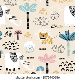 Safari animals seamless pattern with cute elephants, dangerous lion and tropical plants. Vector texture in childish style great for fabric and textile, wallpapers, backgrounds. Pastel colors.