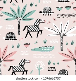 Safari animals seamless pattern with cute zebra, dangerous alligator, turtle and tropical plants. Vector texture in childish style great for fabric and textile, wallpapers, backgrounds. Pastel colors.