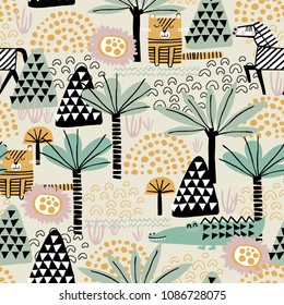 Safari animals seamless pattern with cute zebra, dangerous alligator, tiger and tropical plants. Vector texture in childish style great for fabric and textile, wallpapers, backgrounds. Pastel colors.