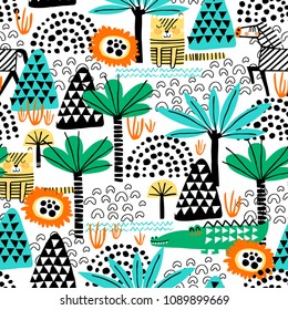 Safari animals seamless pattern with cute zebra, dangerous alligator, tiger and tropical plants. Vector texture in childish style great for fabric and textile, wallpapers, backgrounds. Pastel colors.