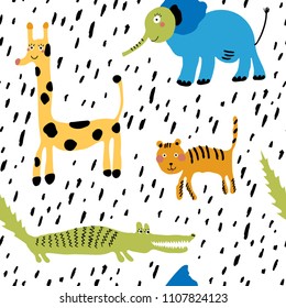 Safari animals seamless pattern with cute elephant, dangerous alligator, girafe and tiger. Vector texture in childish style great for fabric and textile, wallpapers, backgrounds. Scandinavian style.