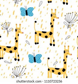 Los animales de safari se caracterizan por un patrón impecable con una jirafe y una mariposa lindas. Textura vectorial en estilo infantil, excelente para tela y textil, papel pintado, fondo. Estilo escandinavo.