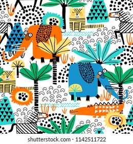 Safari animals seamless pattern with cute zebra, funny elephant, dangerous alligator, tiger and tropical plants. Vector texture in childish style great for fabric and textile, wallpapers, backgrounds.