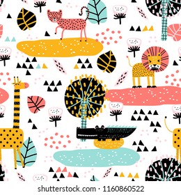 Safari animals seamless pattern with cute giraffe, leopard, alligator, dangerous lion and tropical plants. Vector texture in childish style great for fabric and textile, backgrounds. Pastel colors.