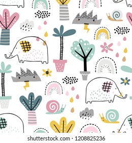 Safari animals seamless pattern with cute elephants, snail and tropical plants. Vector texture in childish style great for fabric and textile, wallpapers, backgrounds. Pastel colors.