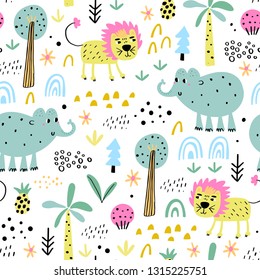 Safari animals seamless pattern with cute elephants, lion and tropical plants. Vector texture in childish style great for fabric and textile, wallpapers, backgrounds. Pastel colors.