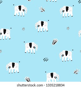 Safari-Tiere nahtloses Muster mit süßen Elefanten. Vektorgrafik im kindischen Stil, ideal für Stoff und Textilien, Tapeten, Hintergründe. Pastellfarben.