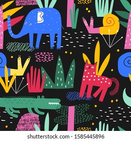 Safari animals seamless pattern with cute elephant, dangerous alligator, wild cat, cute snail and tropical plants. Vector texture in childish style great for fabric and textile, backgrounds. 