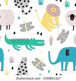 Safari animals seamless pattern with cute elephant, dangerous alligator, wild cat, cute lion and tropical plants. Vector texture in childish style great for fabric and textile, backgrounds.