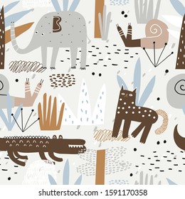 Safari-Tiere nahtloses Muster mit süßem Elefant, gefährlichem Alligator, wilder Katze, süßer Schnecke und tropischen Pflanzen. Vektorgrafik im kindischen Stil, ideal für Stoff und Textilien, Hintergründe. 